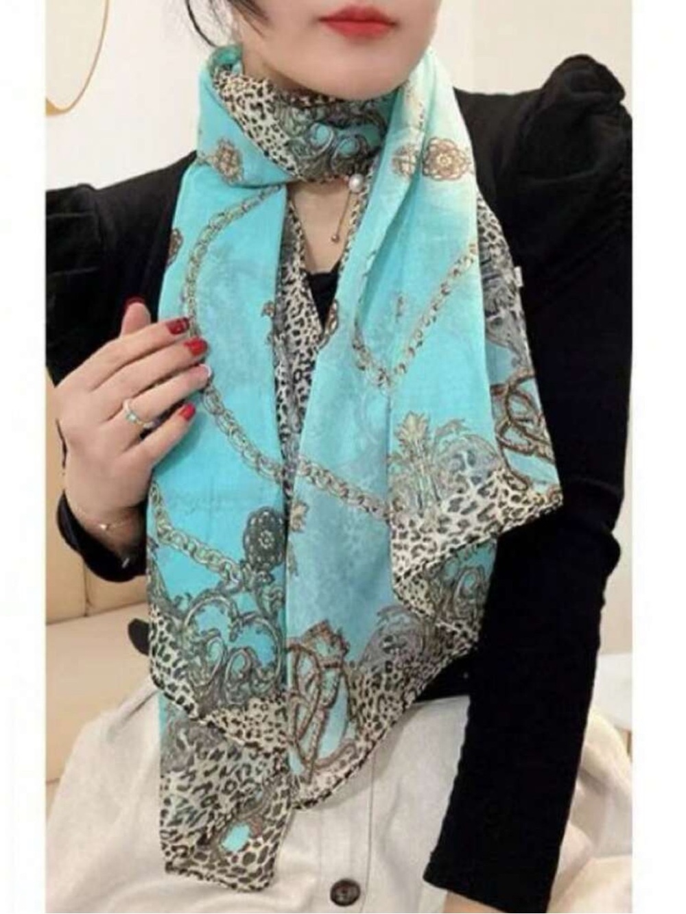 Turquoise Chain & Leopard Print Women's Scarf